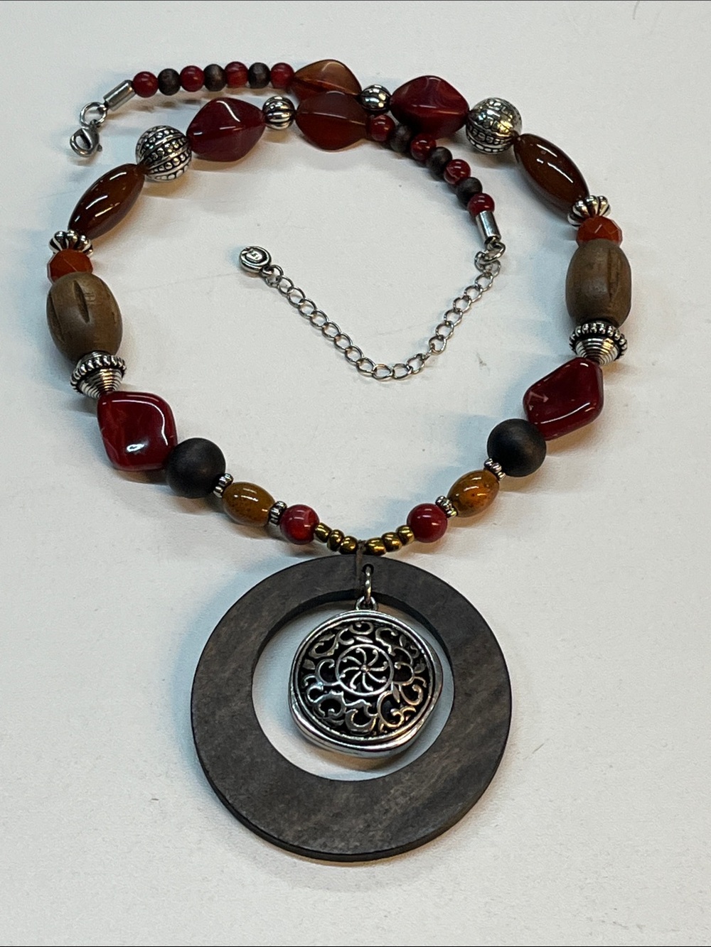 C 1946 Red & Brown Beaded Pendant Necklace with Silver Accent